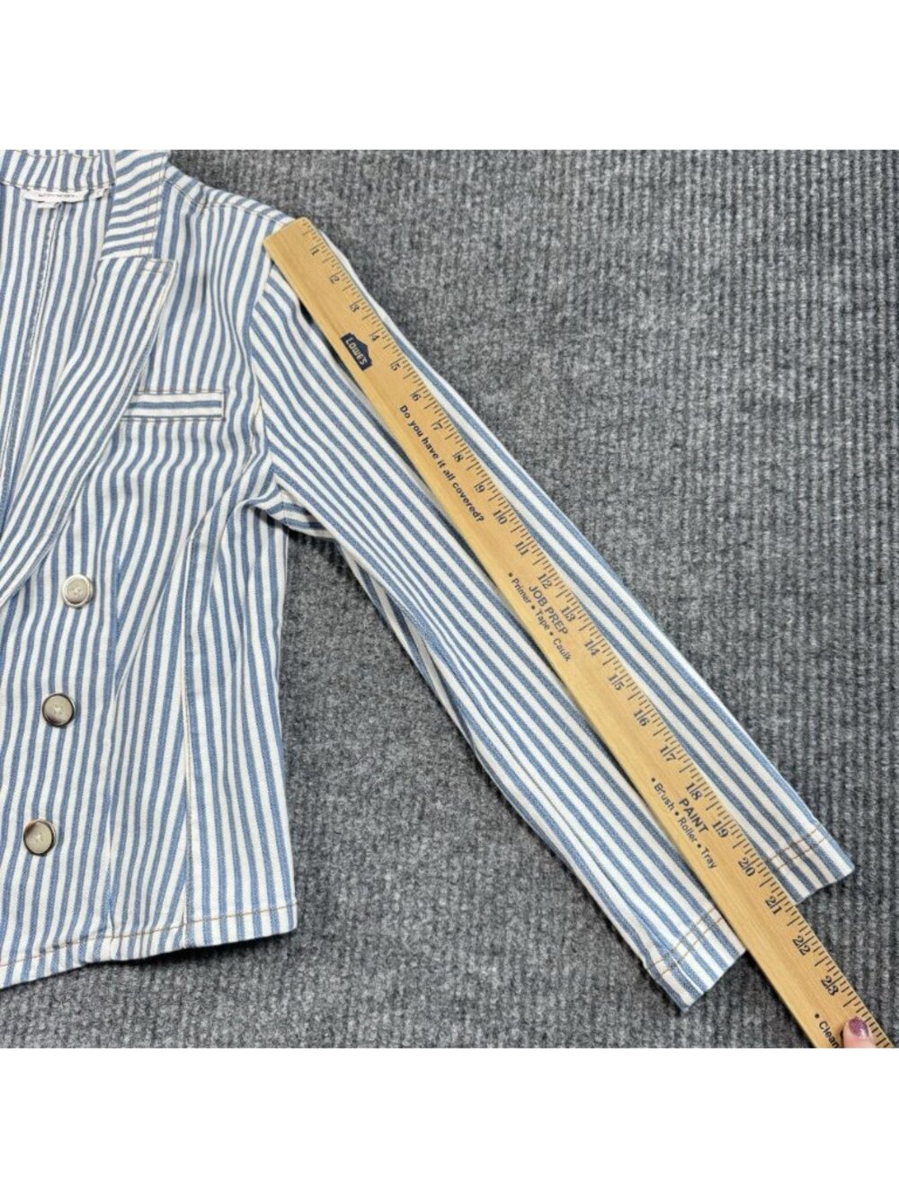 Chicos Open Front Denim Jacket Womens 1/Medium Blue White Striped Classic Fit - Picture 12 of 13
